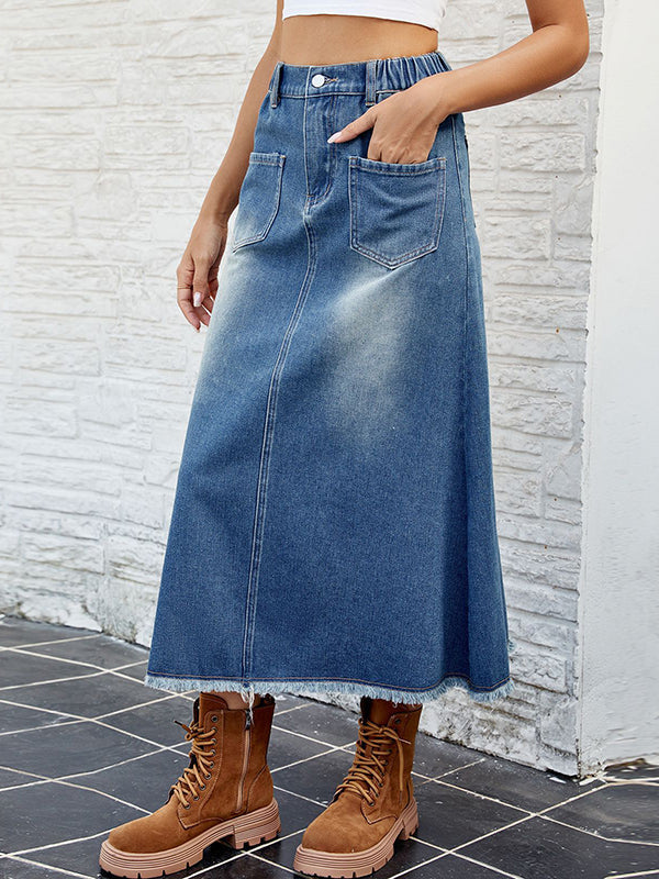 A-Line Loose Buttoned Elasticity Fringed Pockets Split-Joint Skirts Bottoms