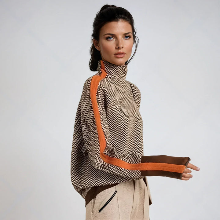 Women’s High Neck Striped Sweater – Contrast Stripe Knit Pullover for Casual & Winter Wear