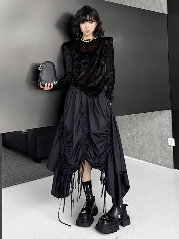A-Line Elasticated Waist Asymmetric Drawstring Pleated Solid Color Skirts Bottoms