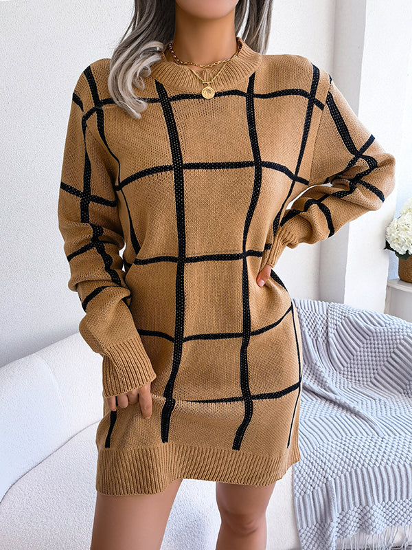 Elasticated Waist Long Sleeves Belted Contrast Color Plaid Round-Neck Mini Dresses Sweater Dresses