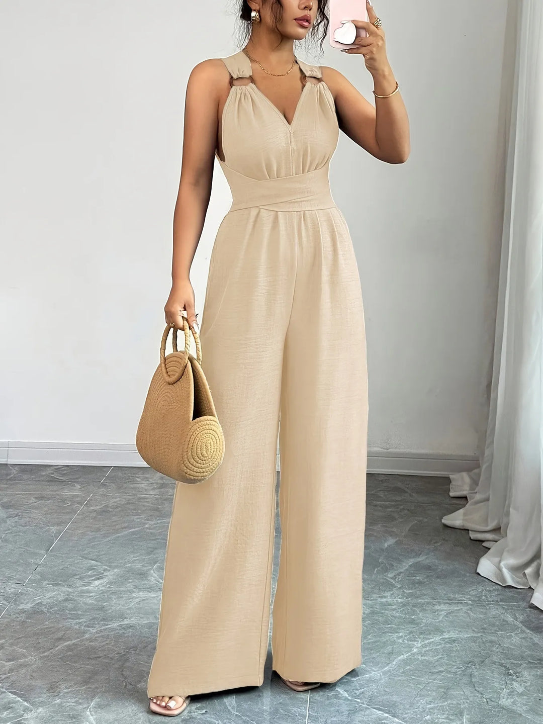 Women’s V Neck Backless Jumpsuit Wide Leg Elegant