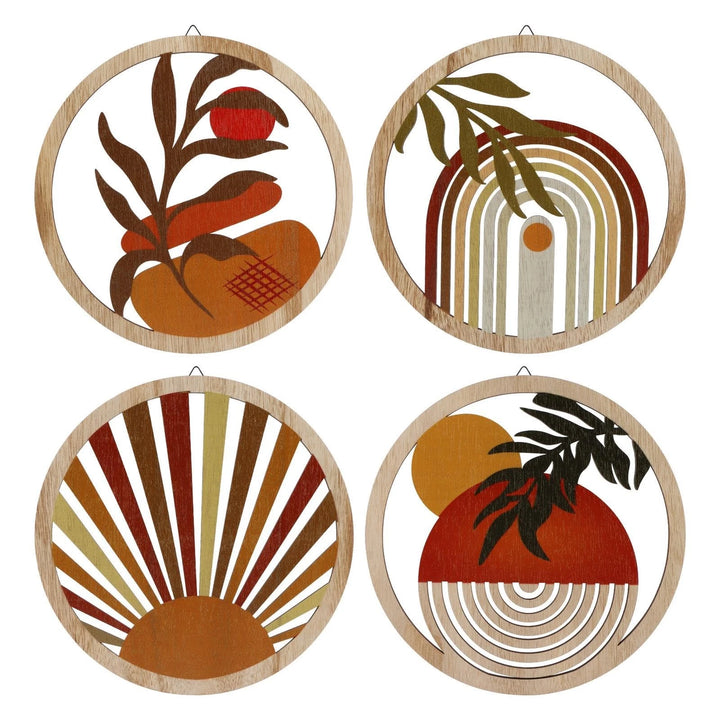 Bohemian Solid Wood Geometric Wall Art Set of 4 – 25x25cm Rustic Hanging Panels with Hook for Modern Home Décor
