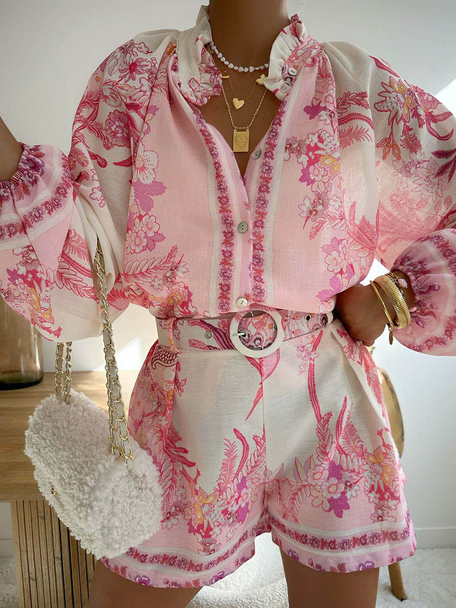 High Waisted Long Sleeves Belted Buttoned Contrast Color Elasticity Flower Print Ruffled Split-Joint Stand Collar Blouses&Shirts Tops + Shorts Bottoms Two Pieces Set