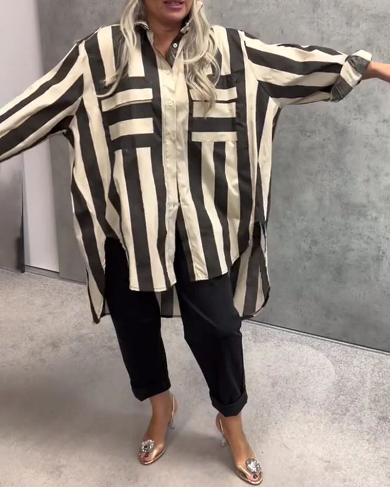 Relaxed Long Sleeve Striped Shirt – Lightweight Button-Up for Casual & Everyday Styling