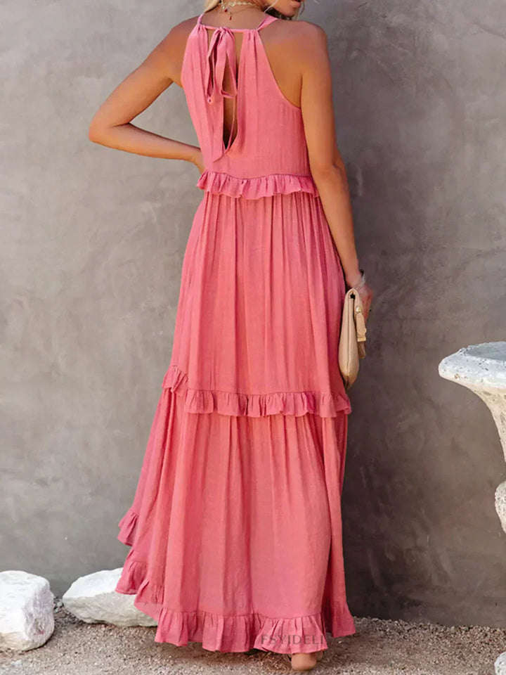 Delilah - Elegant Halter Neck Ruffle Trim Dress