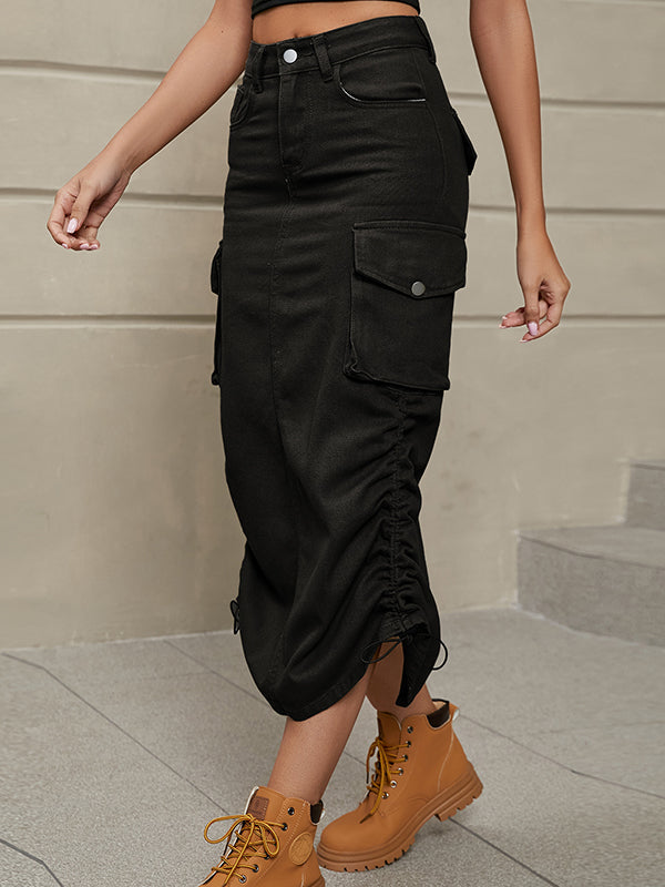 A-Line Buttoned Drawstring Pockets Solid Color Split-Side Skirts Bottoms