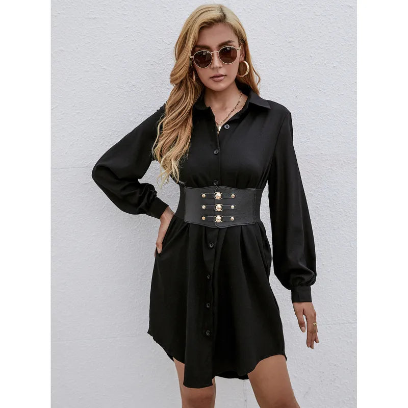 Women’s Long Sleeve Belted Shirt Dress Autumn & Winter Casual Button Up Dress