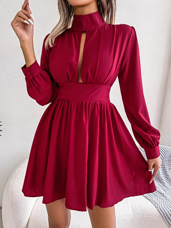 A-Line Elasticated Waist Hollow Solid Color Zipper Half Turtleneck Mini Dresses