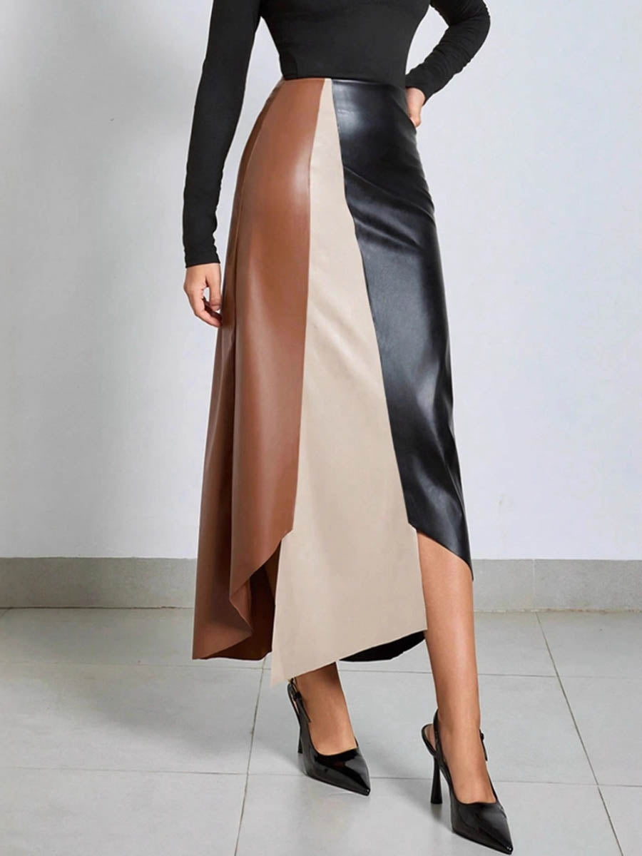Irregularity Skinny Asymmetric Contrast Color Split-Joint Split-Side Skirts Bottoms