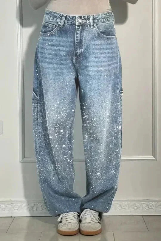 High Waist Glitter Jeans – Relaxed Fit Black Denim Pants with Subtle Sparkle Finish
