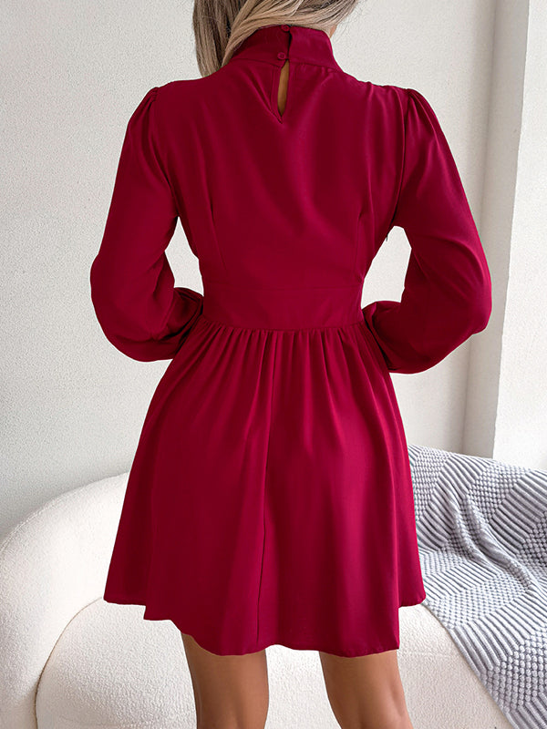 A-Line Elasticated Waist Hollow Solid Color Zipper Half Turtleneck Mini Dresses