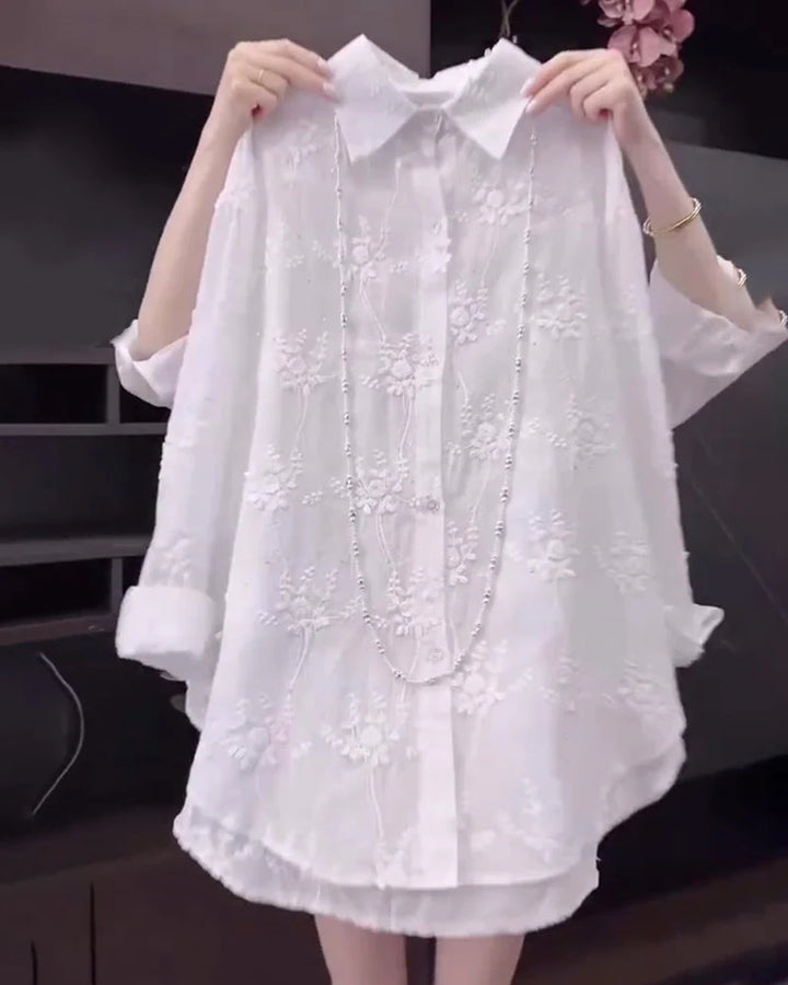 Dropped Shoulder Embroidered Shirt – Relaxed Fit Solid Color Top for Modern Everyday Style