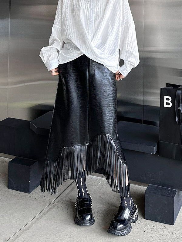 A-Line Irregularity Asymmetric Buttoned Crocodile Texture Solid Color Tasseled Skirts Bottoms