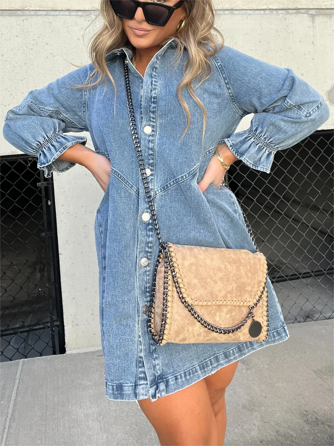Galilea - Chic Turn-Down Collar Denim Midi Dress