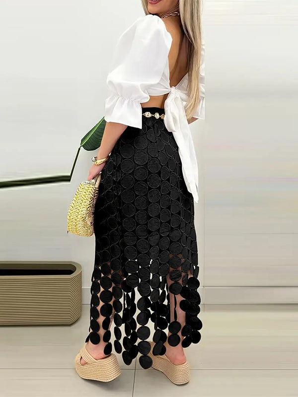 Bodycon High Waisted Solid Color Split-Joint Tasseled Skirts