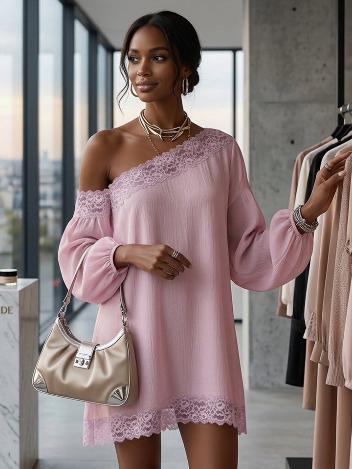 Long Sleeves Loose Solid Color Split-Joint One-shoulder Mini Dresses