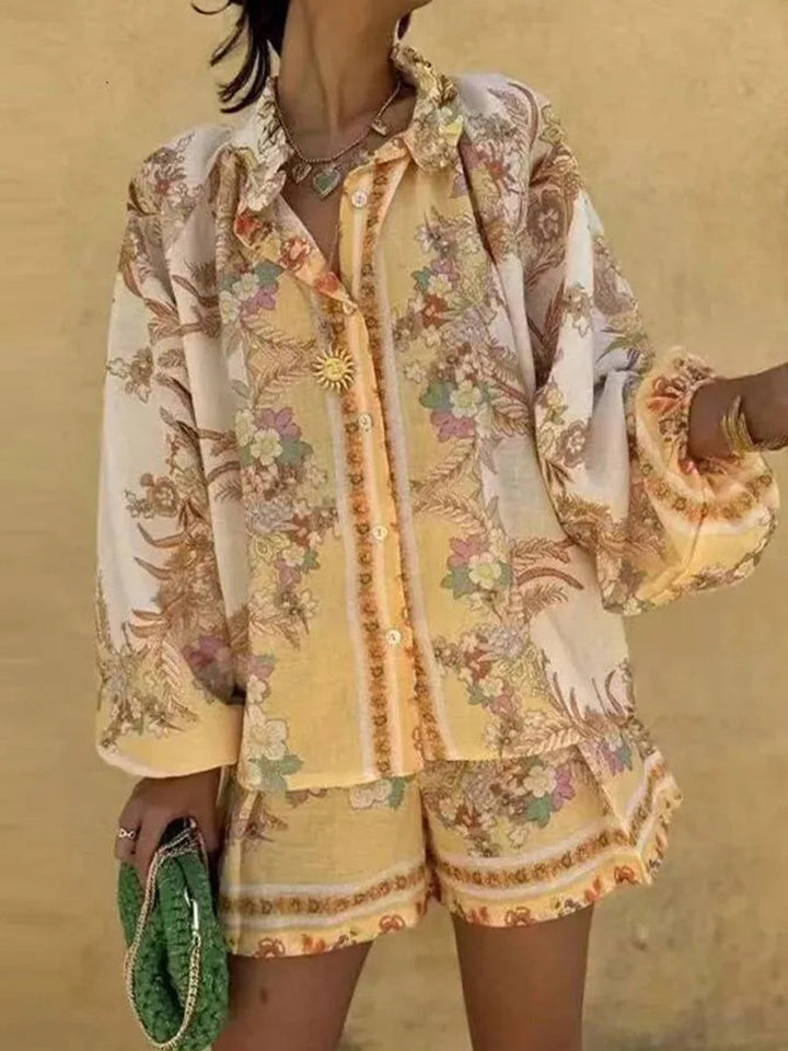 High Waisted Long Sleeves Belted Buttoned Contrast Color Elasticity Flower Print Ruffled Split-Joint Stand Collar Blouses&Shirts Tops + Shorts Bottoms Two Pieces Set
