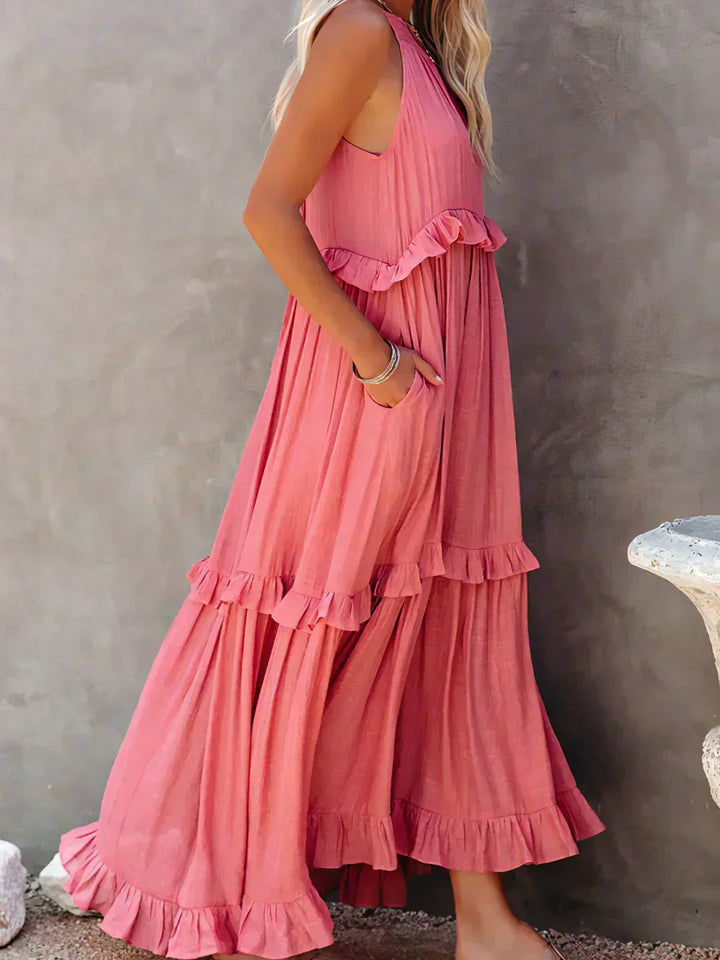 Delilah - Elegant Halter Neck Ruffle Trim Dress