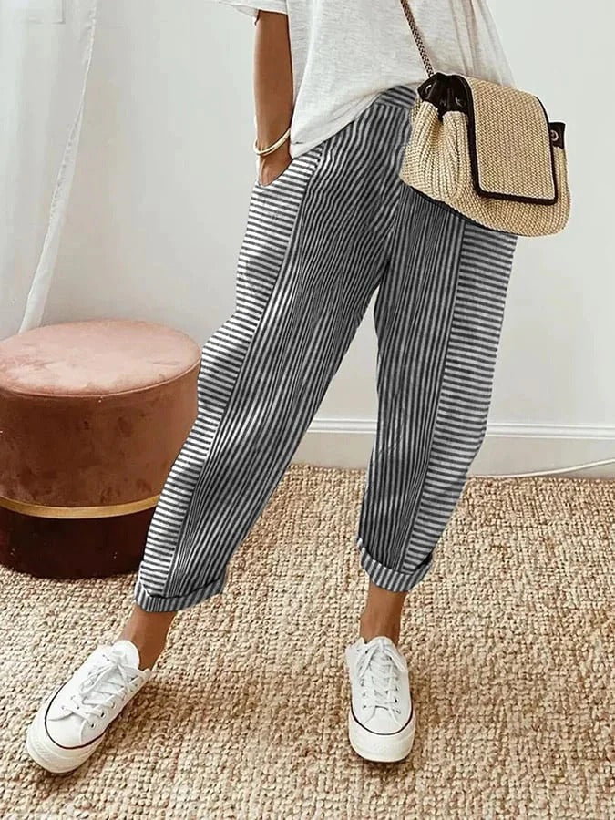 Classic Striped Cotton Trousers – Lightweight Breathable Pants for Elegant Everyday & Work Styling