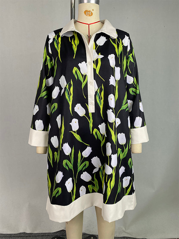 A-line Loose Buttoned Flower Print Stand Collar Mini Dresses