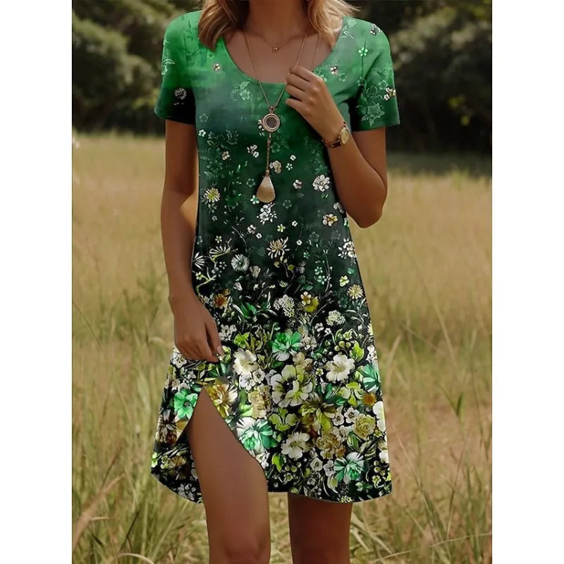Women’s Printed Round Neck Short Sleeve Dress – Artistic Peacock & Floral Design
