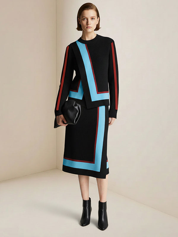 Irregularity Asymmetric Contrast Color Split-Joint Skirts Bottoms