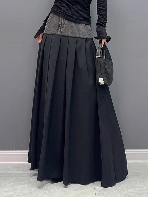 A-Line High Waisted Contrast Color Pleated Split-Joint Skirts Bottoms