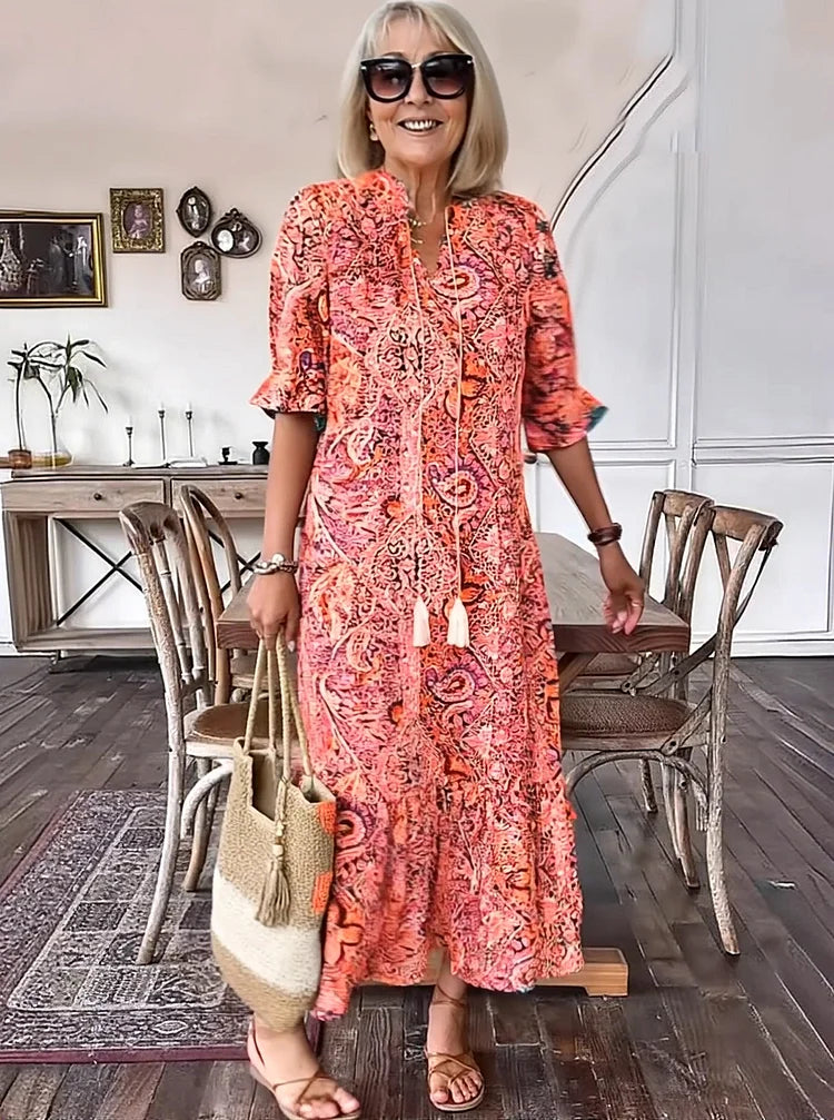 AMARANTHE – BOHO DRAWSTRING NECK MAXI DRESS