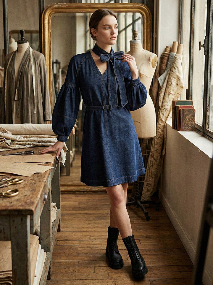 Long Sleeves Puff Sleeves Belted Bow-Embellished Solid Color V-Neck Mini Dresses