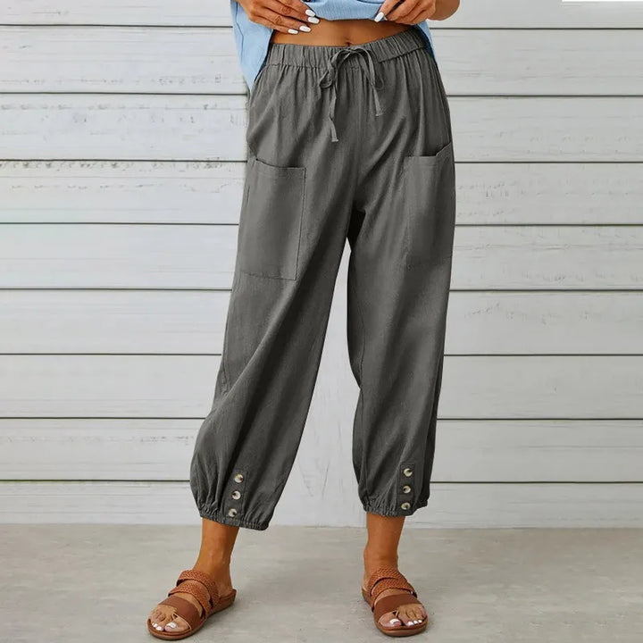Women’s High-Waist Cotton & Linen Cropped Trousers – Wide-Leg Button Detail Fit