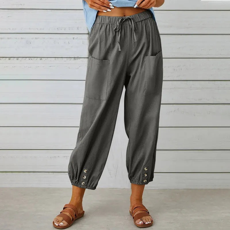 Women’s High-Waist Cotton & Linen Cropped Trousers – Wide-Leg Button Detail Fit