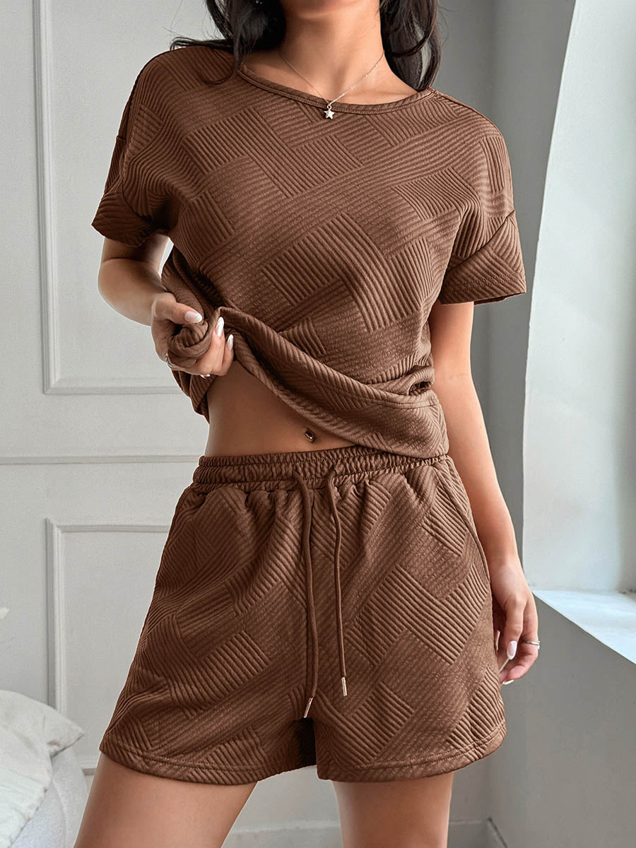 Loose Solid Color Round-Neck Short Sleeves Jacquard T-Shirts Tops + Pockets Tied Waist Shorts Two Pieces Set