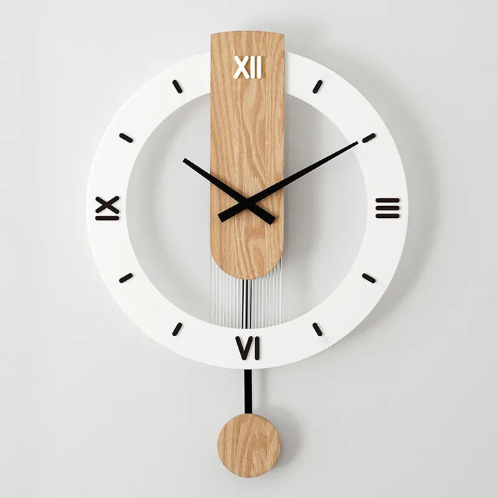Nordic Modern Solid Wood Wall Clock – Imported Red Oak Silent Swing Clock with Organic Glass Mirror