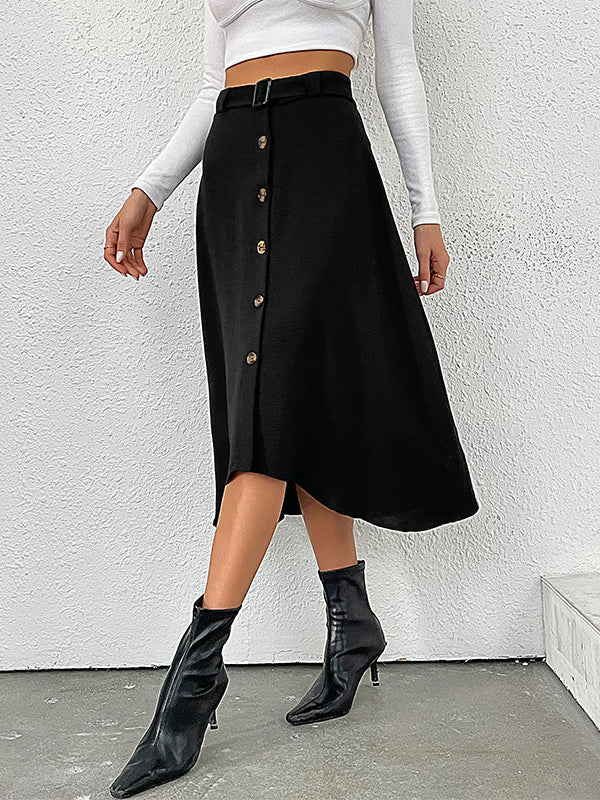 A-line High Waisted Buckle Buttoned Solid Color Skirts Bottoms