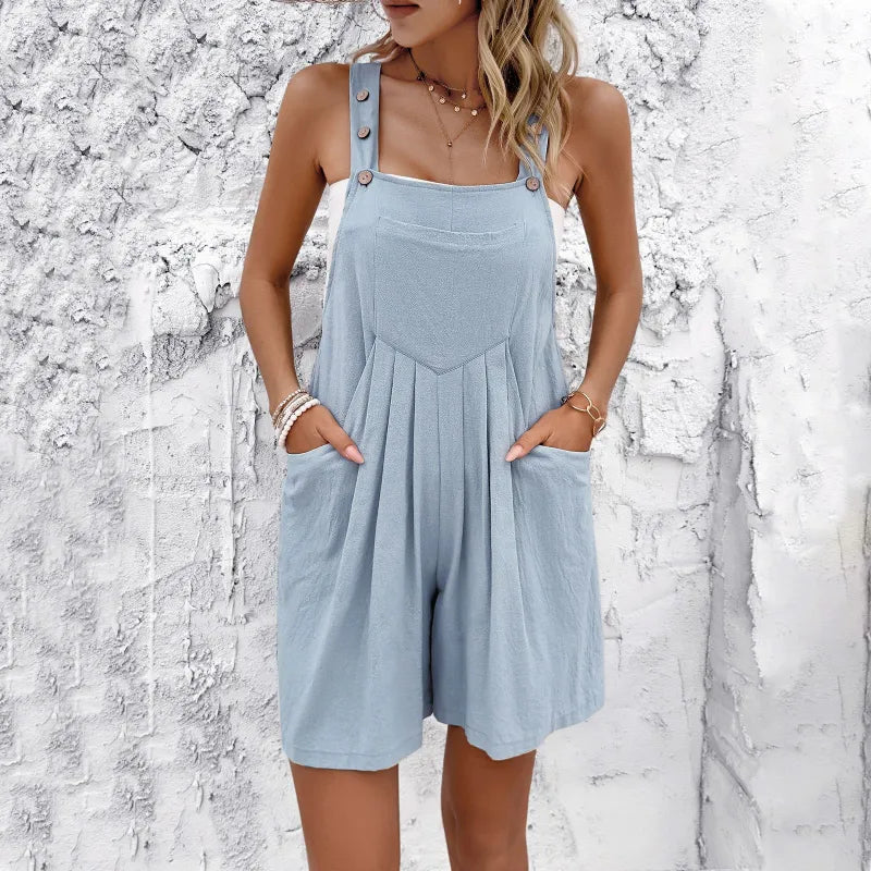 Women's Cotton & Linen One Piece Shorts Romper Solid Color, Relaxed Fit