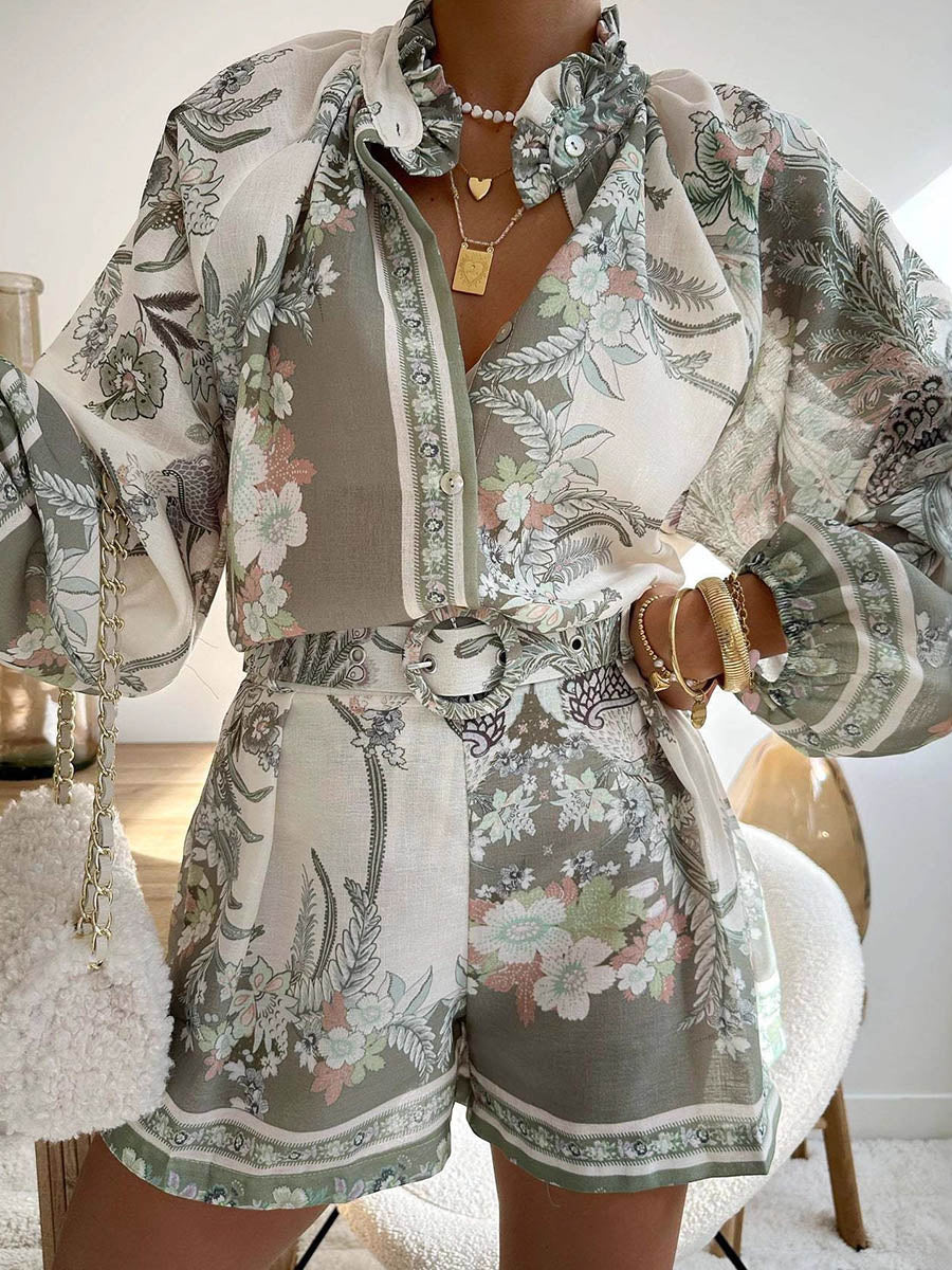 High Waisted Long Sleeves Belted Buttoned Contrast Color Elasticity Flower Print Ruffled Split-Joint Stand Collar Blouses&Shirts Tops + Shorts Bottoms Two Pieces Set