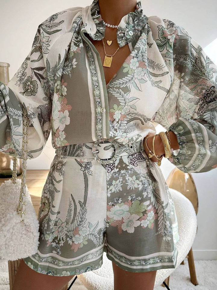 High Waisted Long Sleeves Belted Buttoned Contrast Color Elasticity Flower Print Ruffled Split-Joint Stand Collar Blouses&Shirts Tops + Shorts Bottoms Two Pieces Set