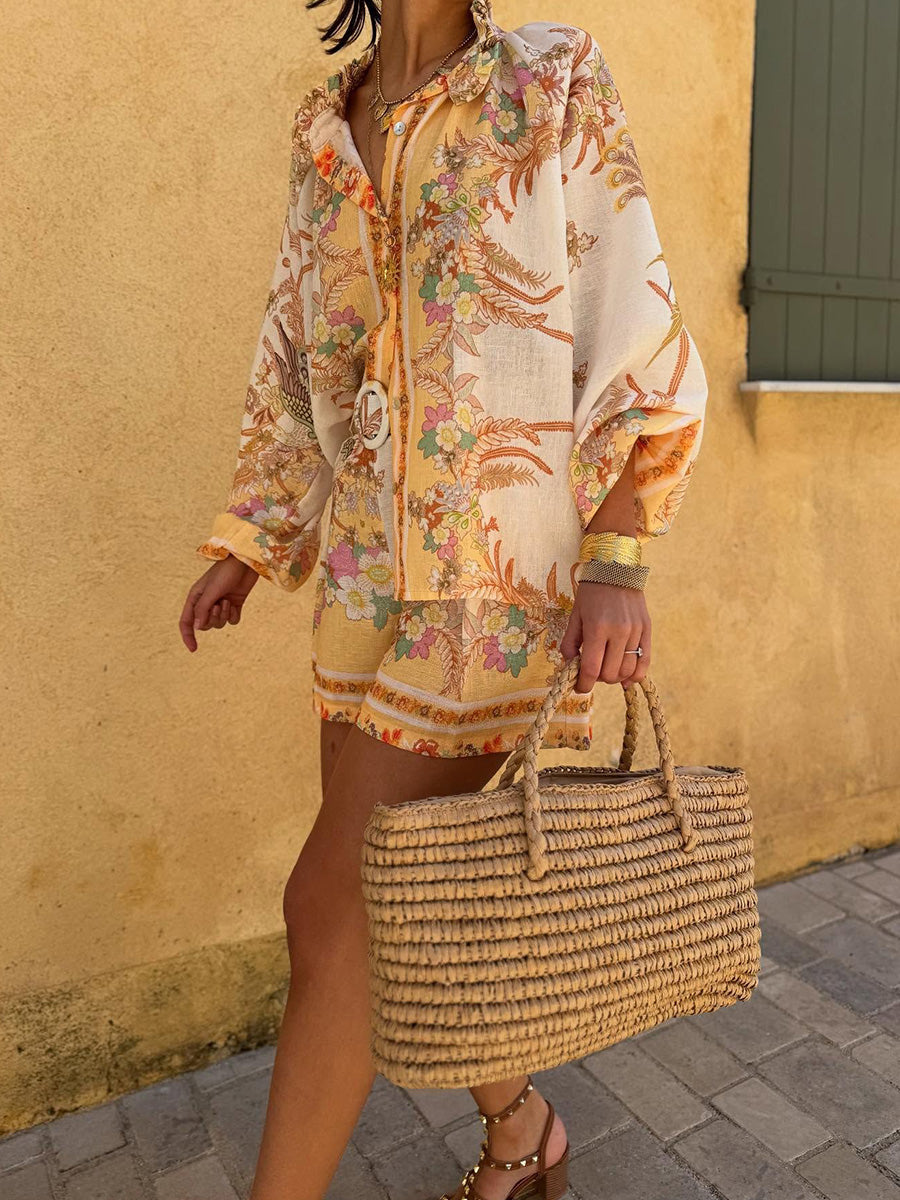 High Waisted Long Sleeves Belted Buttoned Contrast Color Elasticity Flower Print Ruffled Split-Joint Stand Collar Blouses&Shirts Tops + Shorts Bottoms Two Pieces Set