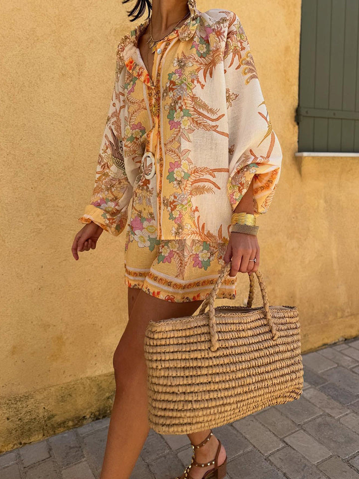 High Waisted Long Sleeves Belted Buttoned Contrast Color Elasticity Flower Print Ruffled Split-Joint Stand Collar Blouses&Shirts Tops + Shorts Bottoms Two Pieces Set