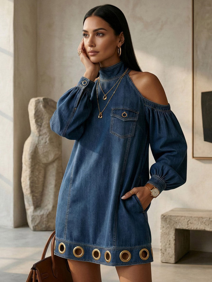 Long Sleeves Loose Hollow Pockets Solid Color Split-Joint Cold Shoulder Mini Dresses