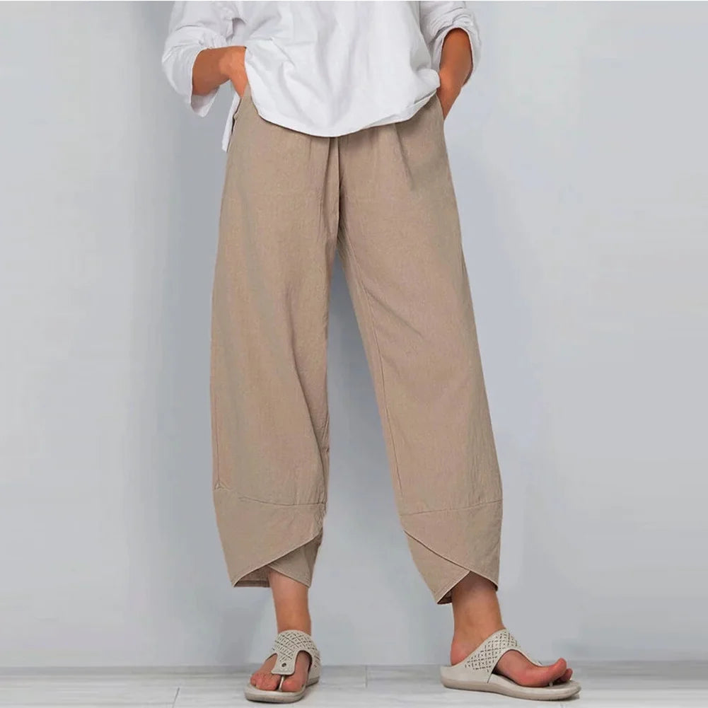 Women’s High-Waist Cotton & Linen Wide-Leg Trousers – Effortless Simplicity in Motion