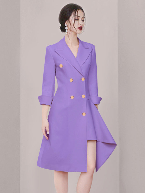 Irregularity Long Sleeves Asymmetric Buttoned Double-Breasted Solid Color Split-Joint Peaked Collar Blazer Mini Dresses