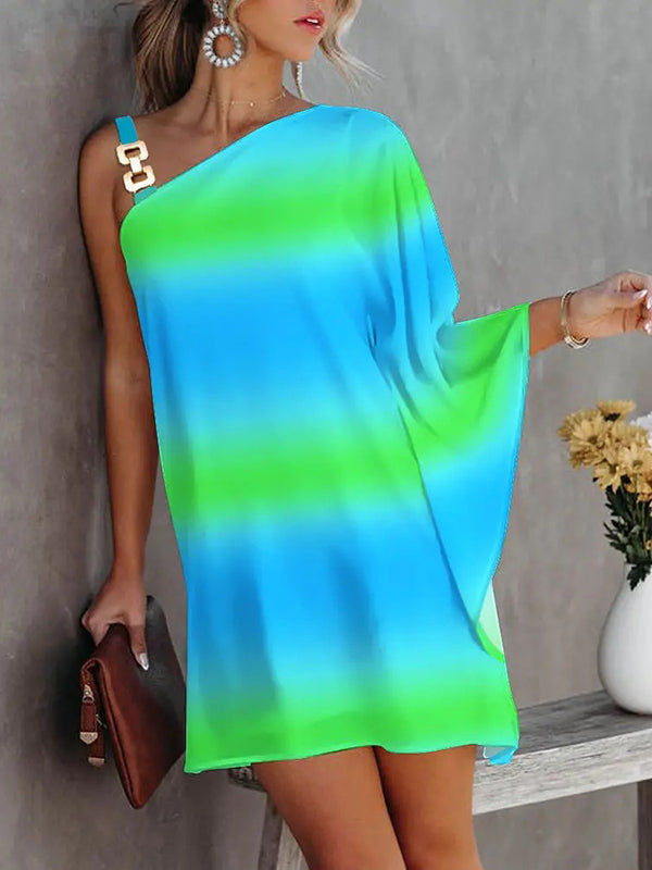 Batwing Sleeves Loose Color-Block Hollow Printed One-shoulder Mini Dresses Short Dresses