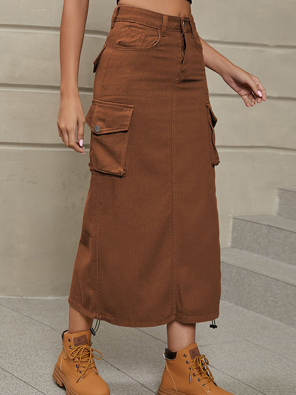 A-Line Buttoned Drawstring Pockets Solid Color Split-Side Skirts Bottoms