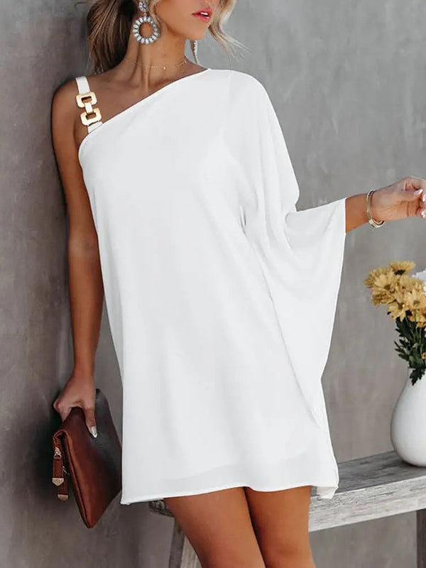 Batwing Sleeves Loose Color-Block Hollow Printed One-shoulder Mini Dresses Short Dresses