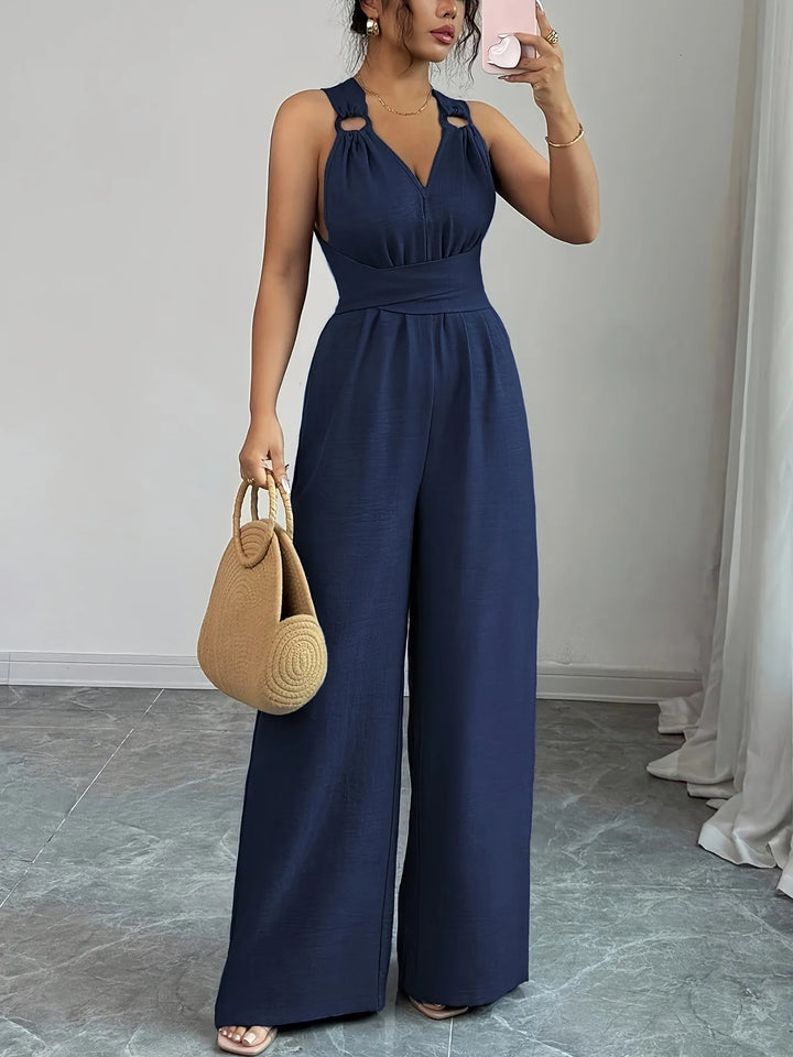 Women’s V Neck Backless Jumpsuit Wide Leg Elegant