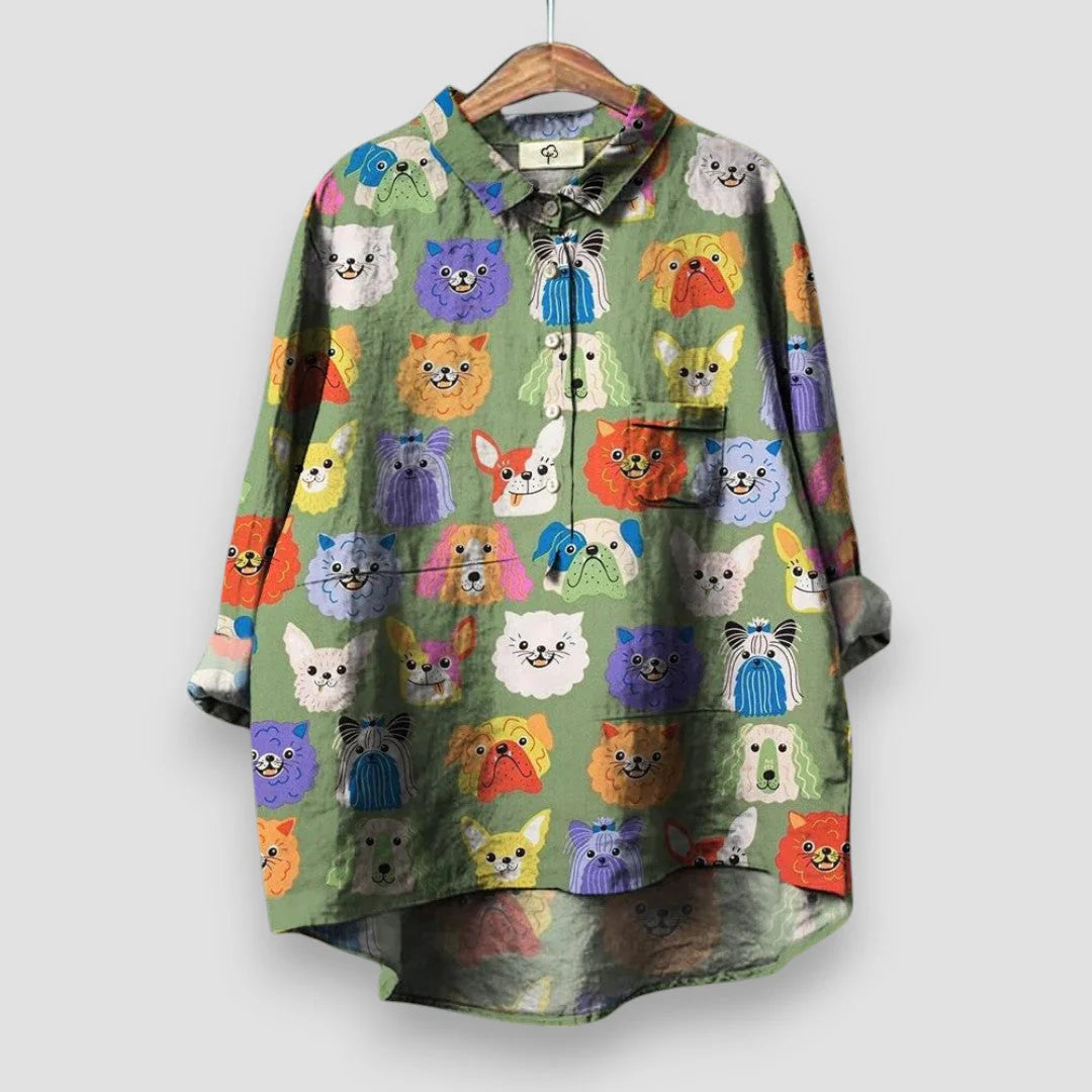 Dog Print Button-Up Shirt – Lightweight Casual Top for Everyday Relaxed Styling