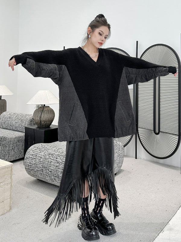 A-Line Irregularity Asymmetric Buttoned Crocodile Texture Solid Color Tasseled Skirts Bottoms