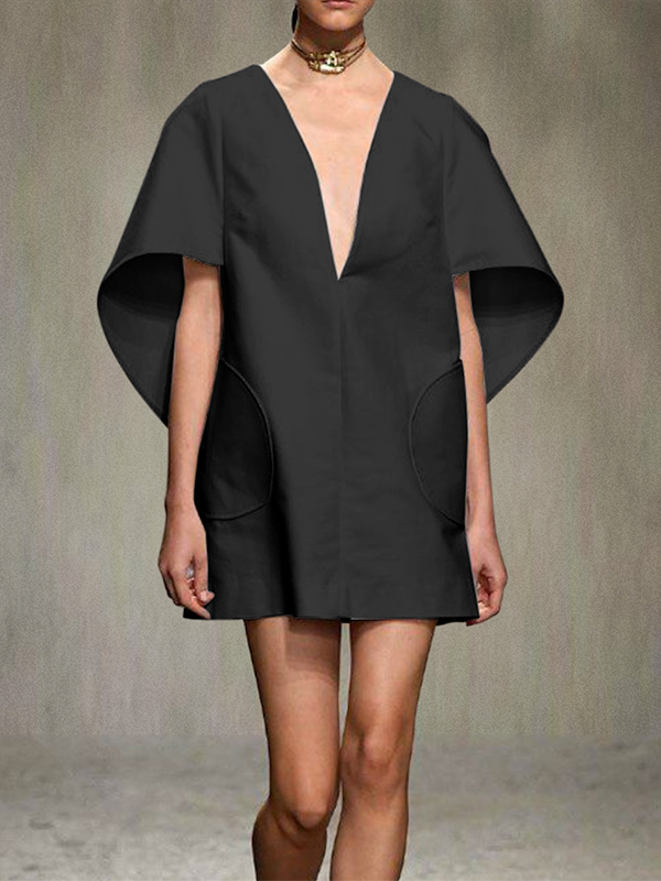 Half Sleeves Loose Solid Color Deep V-Neck Mini Dresses