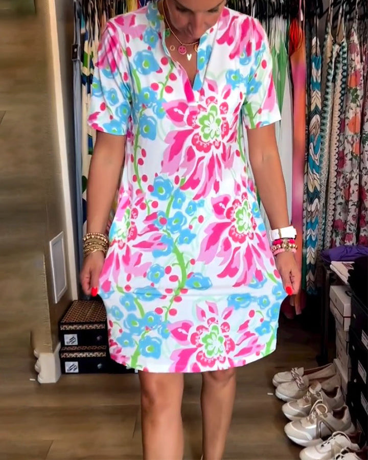 Ivendra - Short Sleeve Floral Print Dress